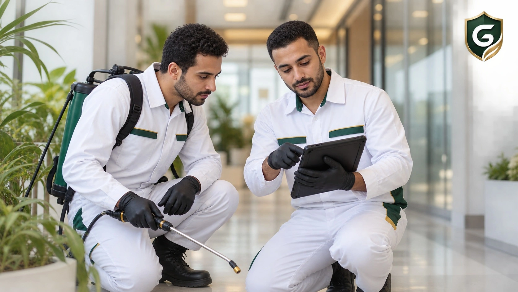 فريق الشركة الألمانية بيولوجي أثناء تجهيز معدات مكافحة الحشرات